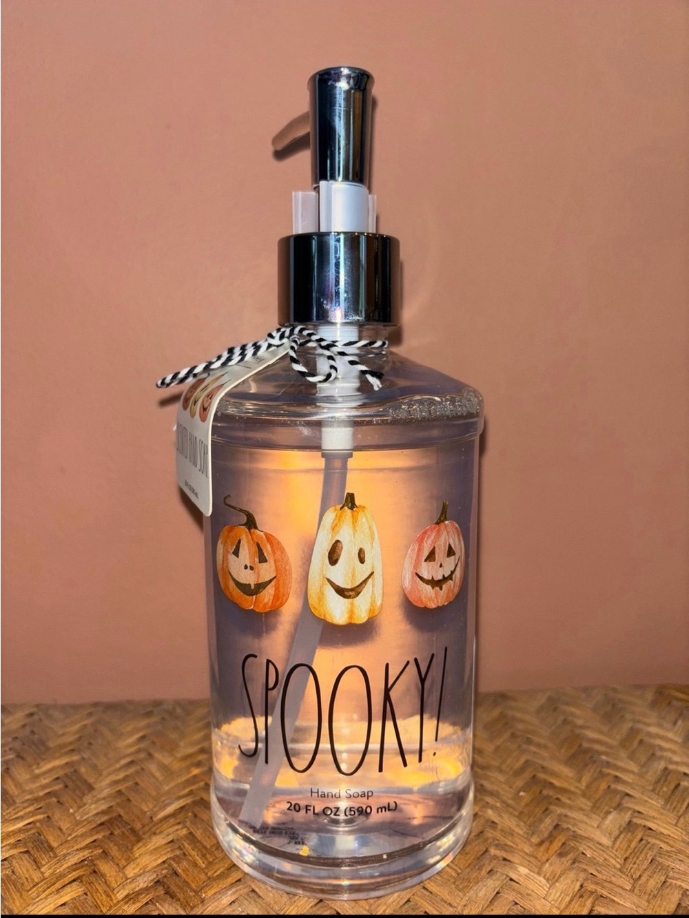 Rae Dunn plastic Spooky hand soap with three jack-o'-lanterns